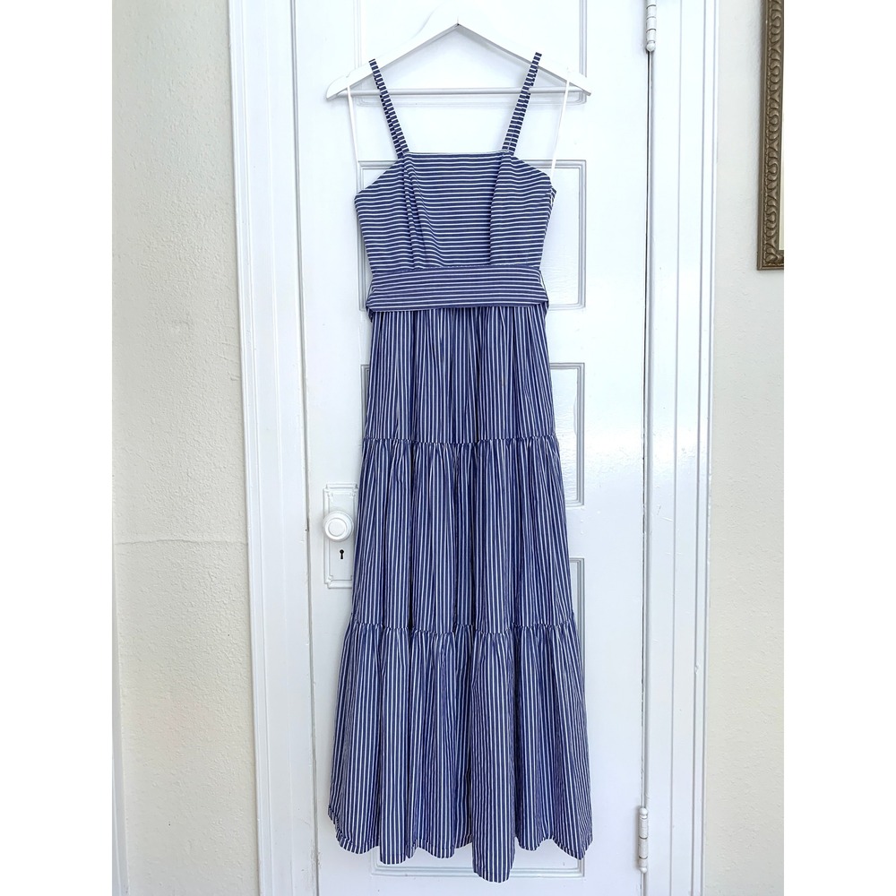 J Crew Garratt Blue White Striped Maxi Dress 00 Poplin Tiered Ruffle Coastal - Picture 11 of 16